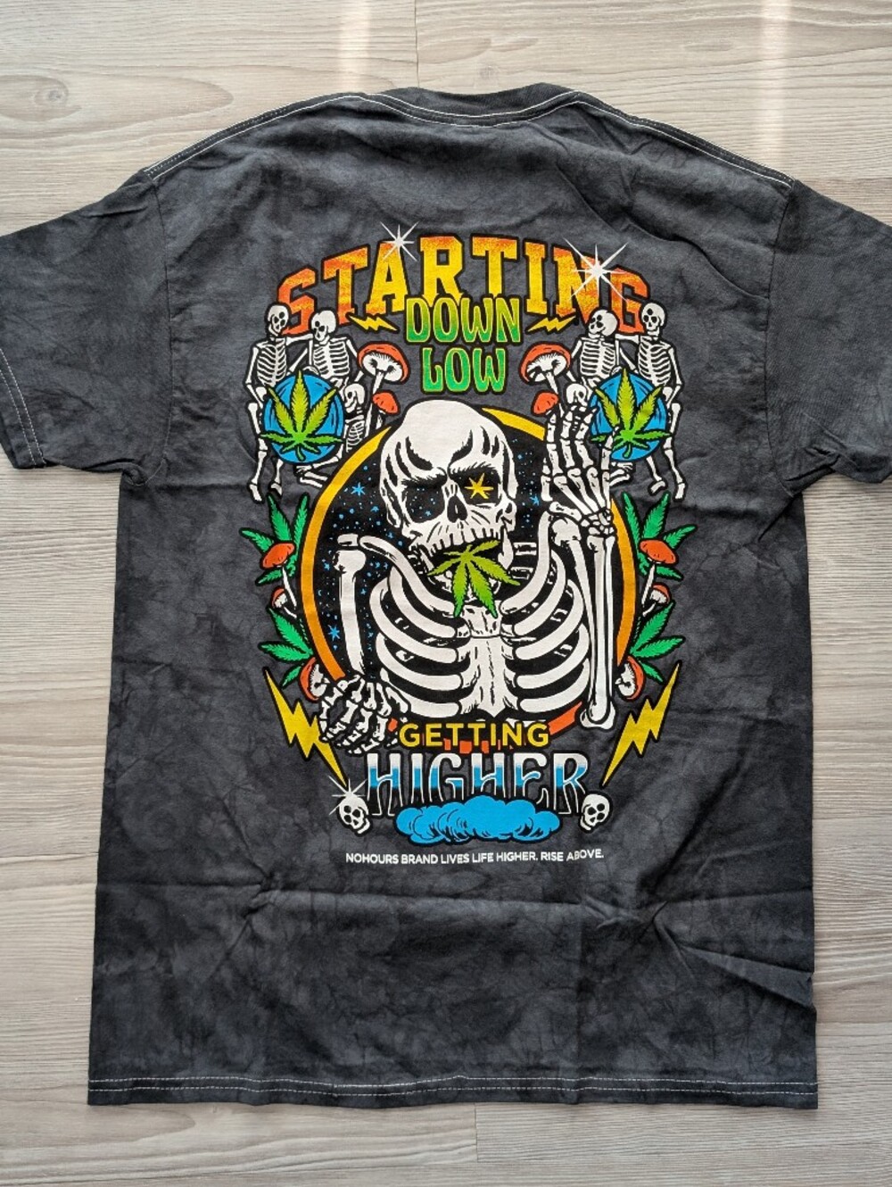 NOHOURS Getting Higher Tee Medium Black Mineral Wash Skeleton Graphic New